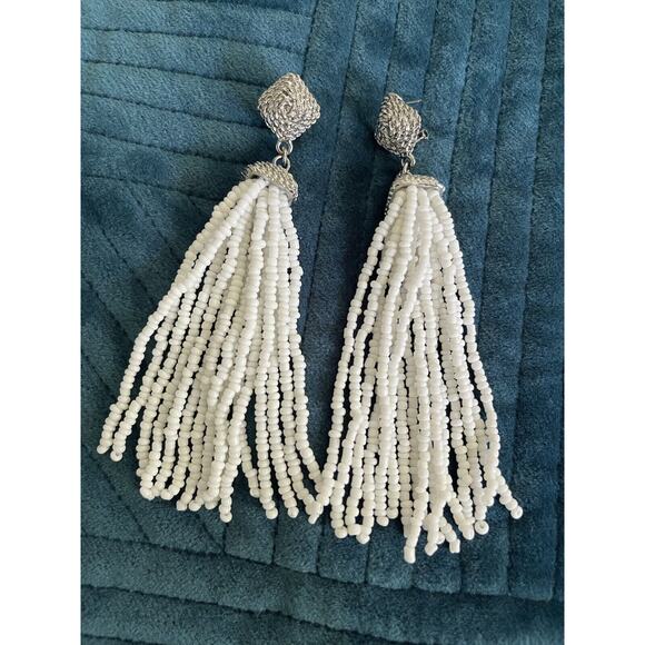 BCBG MaxAzria dangle white Seed beaded Tassel earrings with silver/cz . NWOT - Picture 9 of 15